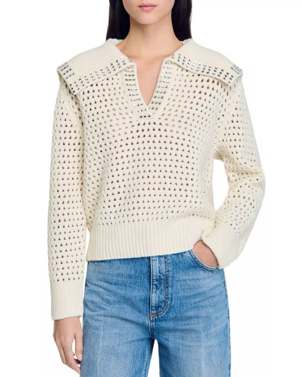 NEW BLUE B open knit rhinestone collar sweater in cream